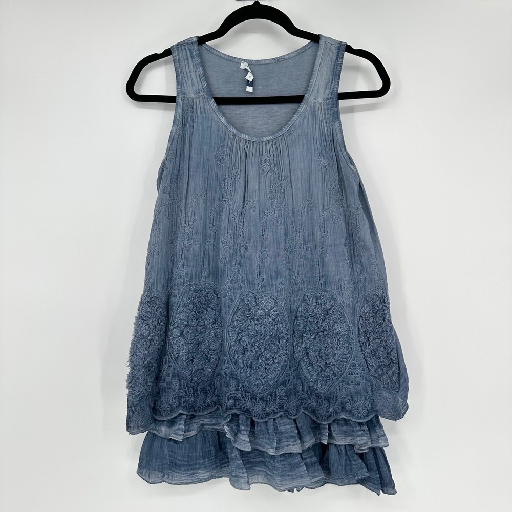 Tempo Paris Blue Silk Blend Ruffle Lace Embroidered Layered Top Lagenlook Boho S